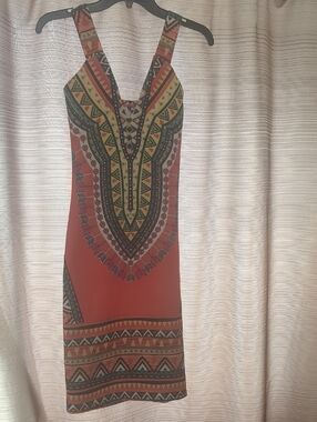 Red Tribal-Print Midi Dress with V-Neck